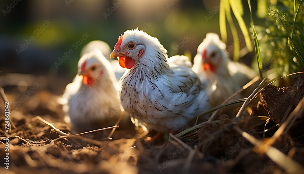 Fototapeta premium Chickens roam freely in the green meadow generated by AI
