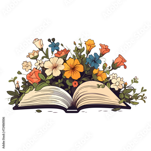Open book and wildflowers, book table with flowers flowers sticker, growing from an old open book.