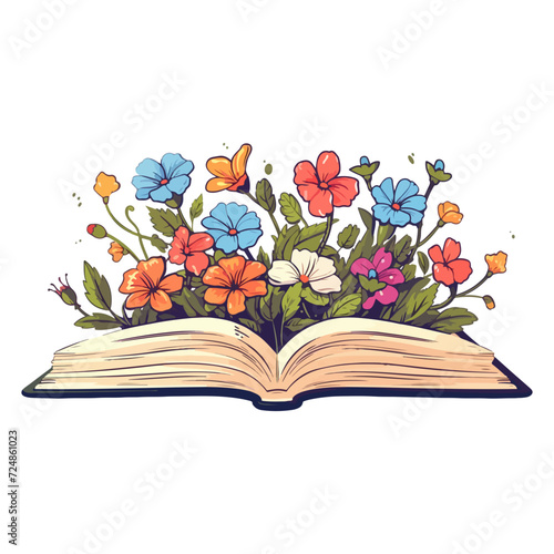 Open book and wildflowers, book table with flowers flowers sticker, growing from an old open book.