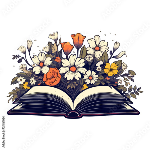 Open book and wildflowers, book table with flowers flowers sticker, growing from an old open book.