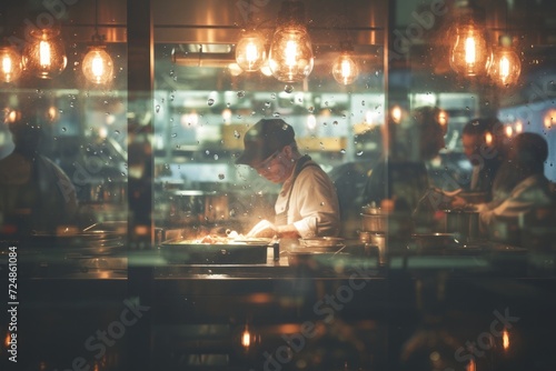 Through a rain covered window an expert chef, crafts culinary masterpiece amidst bustling restaurant kitchen, creating vibrant ambiance