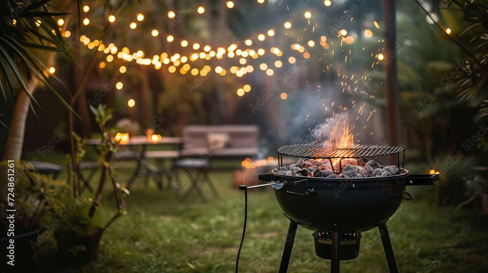 A large smoking charcoal grill ready for a summer feast during a festive outdoor gathering - obrazy, fototapety, plakaty 