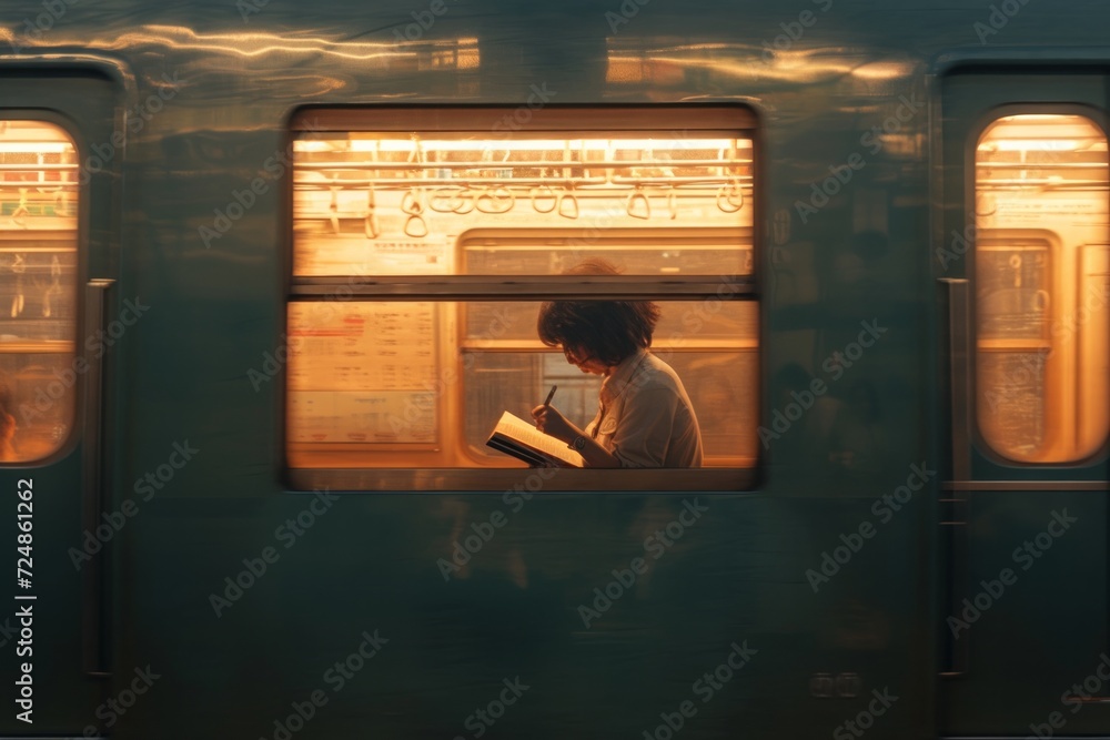 Golden Hour Journey: A passenger engrossed in a book, bathed in the warm, ethereal glow of sunset, aboard a moving train