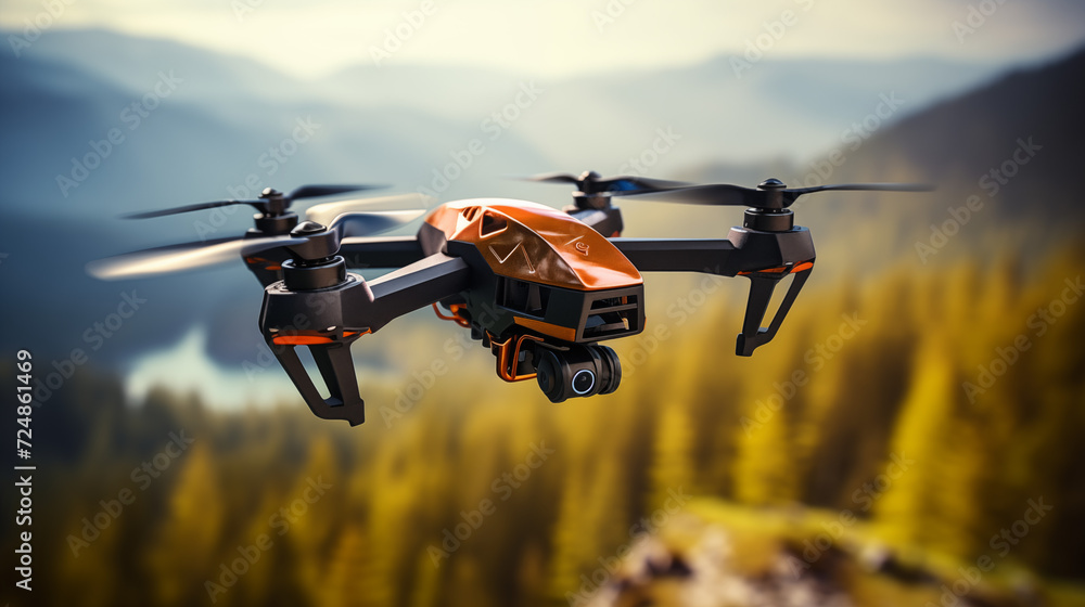 drone or quadcopter with digital camera flying over nature / valley