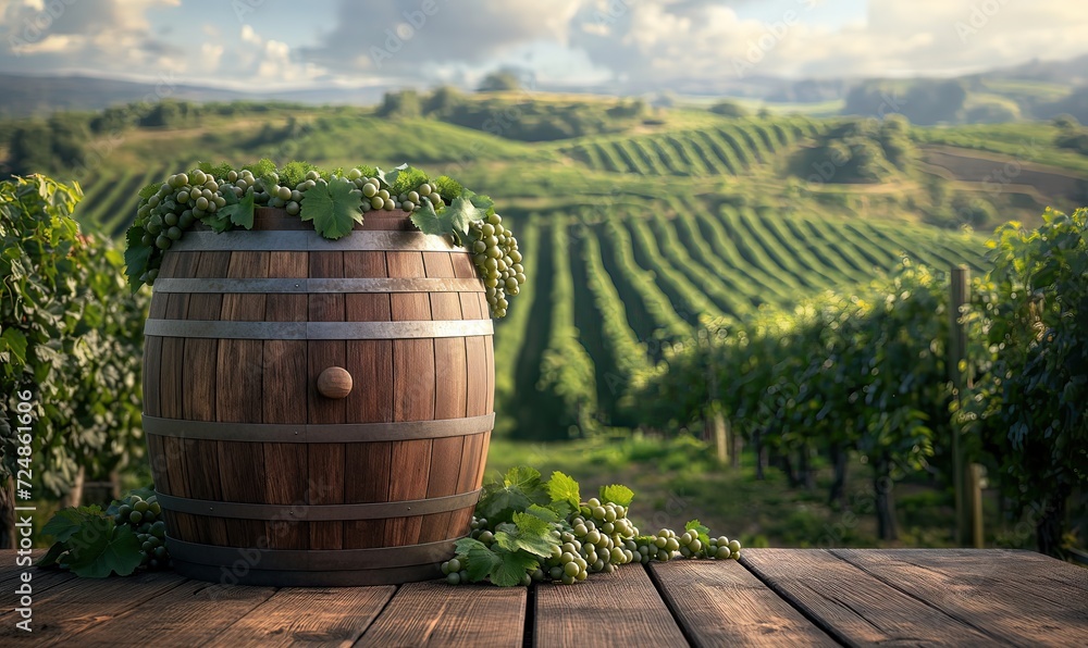 Wooden wine barrel on a background with vineyards. Wooden wine barrel on a background with vineyards.