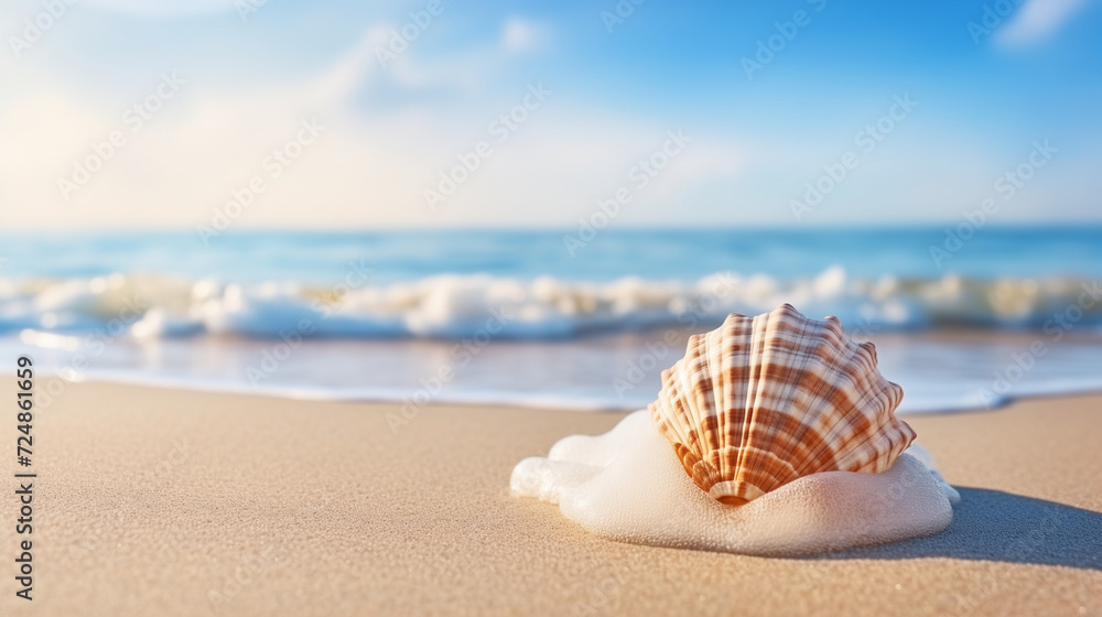 Warm summer beach vacation holiday. Stunning sea shell on the beach with sand and waves texture, Ai generated image Warm summer beach vacation holiday. Stunning sea shell on the beach with sand and waves texture, Ai generated image