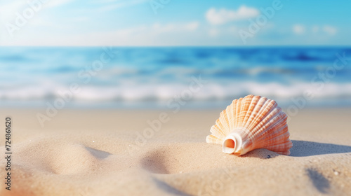 Warm summer beach vacation holiday. Stunning sea shell on the beach with sand and waves texture, Ai generated image