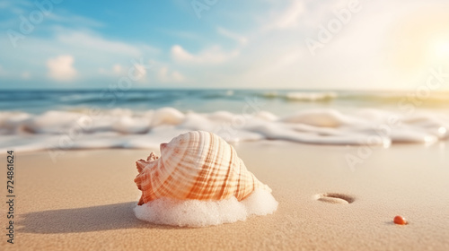 Warm summer beach vacation holiday. Stunning sea shell on the beach with sand and waves texture, Ai generated image © Trendy Motion