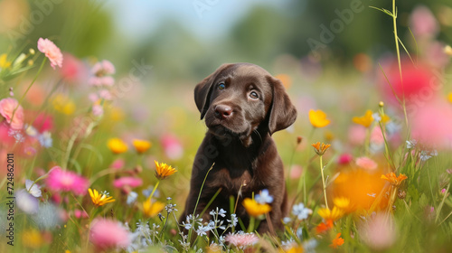 Playful chocolate Labrador puppy frolicking in a colorful flower meadow