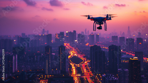 A high-tech drone is captured soaring high above a bustling cityscape during twilight