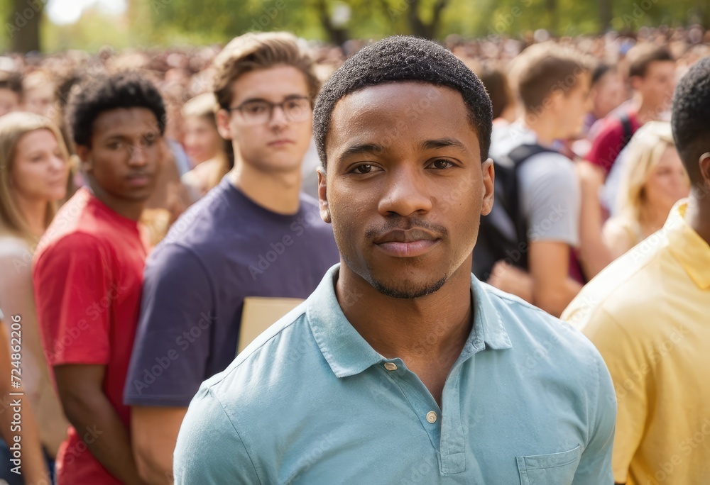 A portrait of a black man standing on a bustling college campus with a crowd of diverse students in the background A portrait of a black man standing on a bustling college campus with a crowd of diverse students in the background