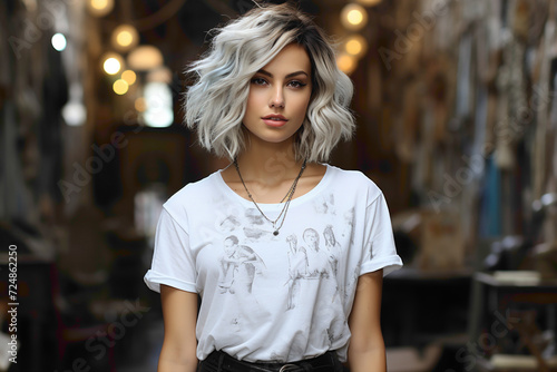 Edgy urban style with the Swedish beauty striking a pose in a graphic tee, distressed denim, and fashionable boots, making a fashion statement.