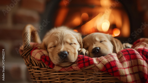 Two golden retriever puppies sleeping peacefully in a cozy basket by the fire