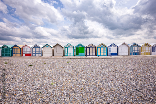 Colorful beach huts in Cayeux, Normandy, France photo