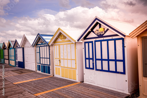 Colorful beach huts in Cayeux, Normandy, France photo