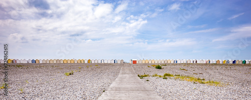 Colorful beach huts in Cayeux, Normandy, France photo