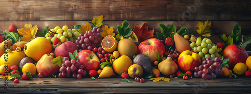 a colorful arrangement of fruits and leaves on a wood