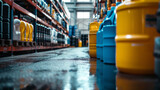 Industrial cleaning supplies in a warehouse showcasing various colorful detergent bottles.