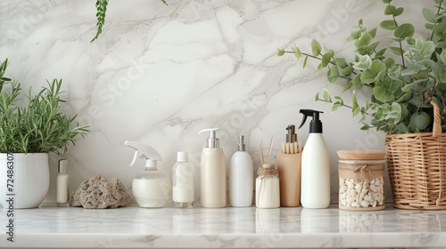 A minimalist array of eco-friendly cleaning supplies on a marble countertop