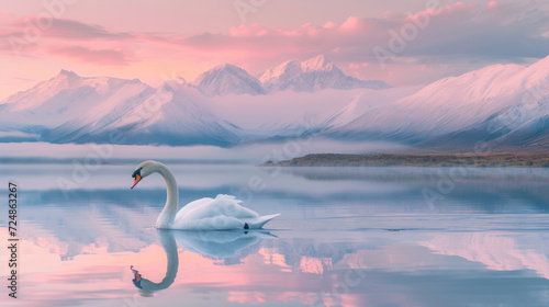A majestic swan glides gracefully over a glassy lake with a backdrop of snow-capped mountains © rorozoa