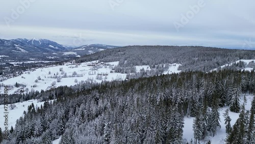 Panoramic drone view of the mountains in winter. The most popular mountain place in the Polish Tatra Mountains - Zakopane