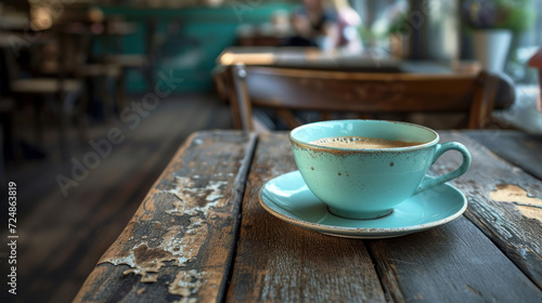 Vintage teacup on a rustic wooden table in a cozy coffee shop ambiance.