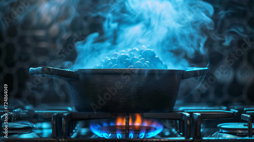 A simmering cast iron pot on a gas stove with blue flames and steam photo