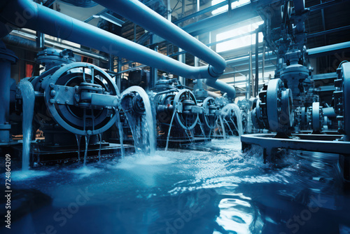 An industrial pump room is flooded with water under blue lighting, of maintenance and safety photo