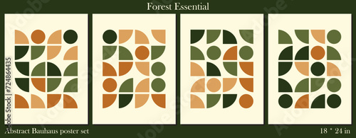 Natural jungle geometric bauhaus wall art background.Set of 4.Clean,minimal,aesthetic,premium print quality.Earthy brown tones and energetic forest green.Perfect vector for decor,covers,card,brochures