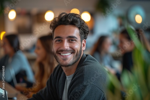 Young handsome man with three days beard, a friendly smile, dark top, in a co wroking space