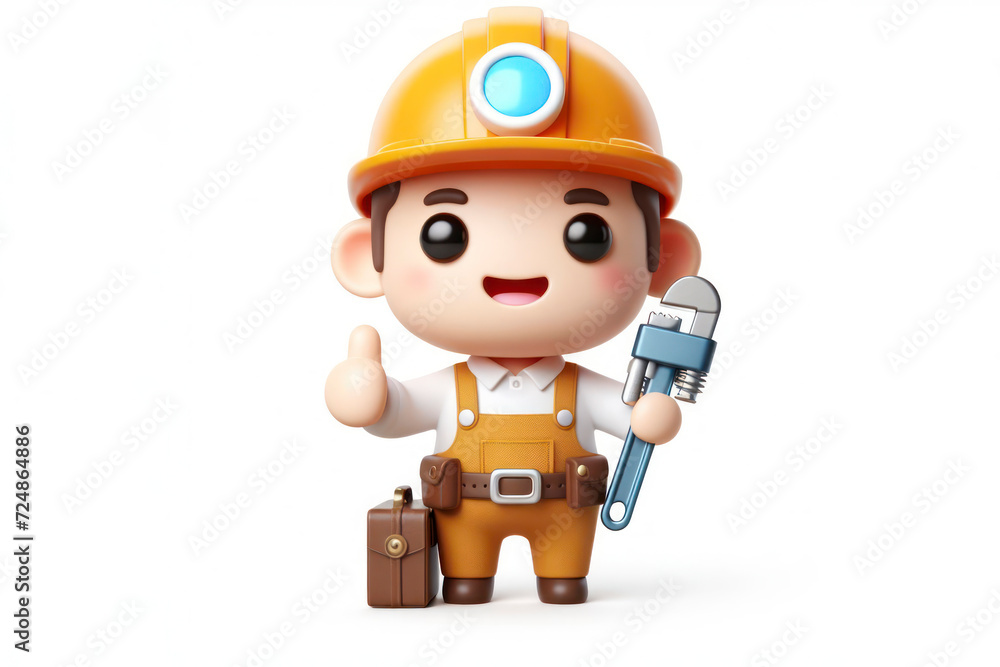 Obraz premium Cute 3d character plumber isolated solid white background. ai generative
