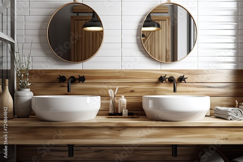 Interior of a bathroom with a painted wood wall and a close up of a wooden double sink on a white shelf. a mockup