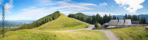 panorama landscape Hornle Hut and mountain, view to lake Staffelsee, upper bavaria