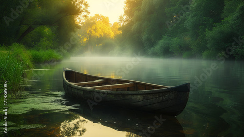 Misty morning with an old wooden canoe on a tranquil river © rorozoa