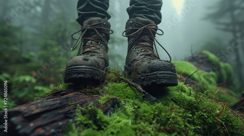 Hiker's boots on a mossy log in a misty forest exuding a sense of adventure photo