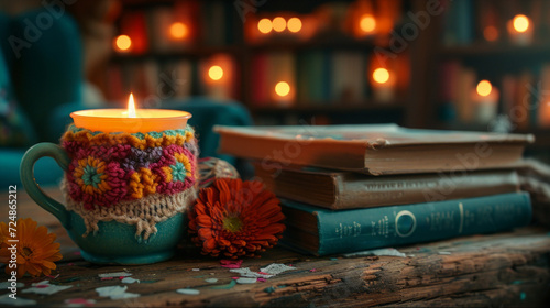 A vibrant crochet-covered ceramic cup with a backdrop of books and candle light