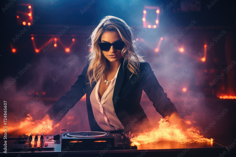 A professional woman wearing a suit and sunglasses DJs on a turntable, skillfully manipulating the music to create an energetic atmosphere.