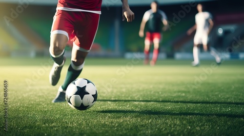 Soccer Match Intensity, Player Dribbling on Big Stadium Field © Jiraphiphat