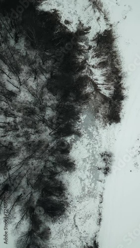 Vertical Drone footage, top view, over a river