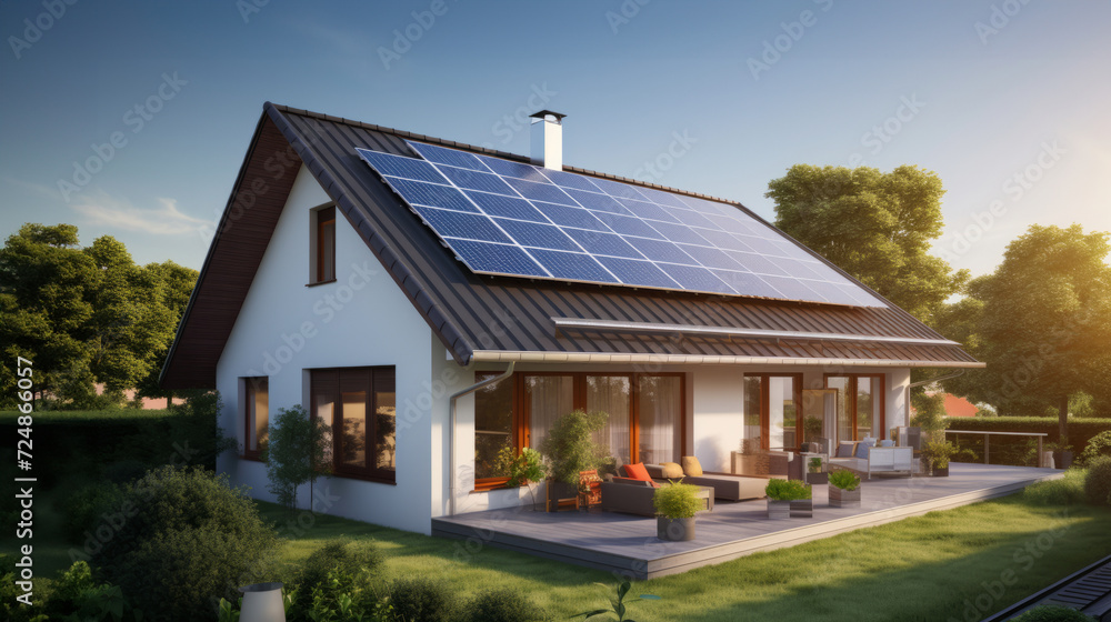 A modern eco-friendly house with solar panels on roof in tranquil environment. Green energy home. Sustainable living and renewable energy lifestyle