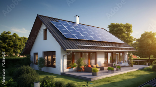 A modern eco-friendly house with solar panels on roof in tranquil environment. Green energy home. Sustainable living and renewable energy lifestyle © GT77