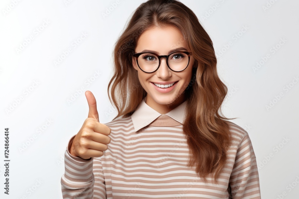 A woman wearing glasses smiles while raising her hand in a thumbs-up gesture. A woman wearing glasses smiles while raising her hand in a thumbs-up gesture.