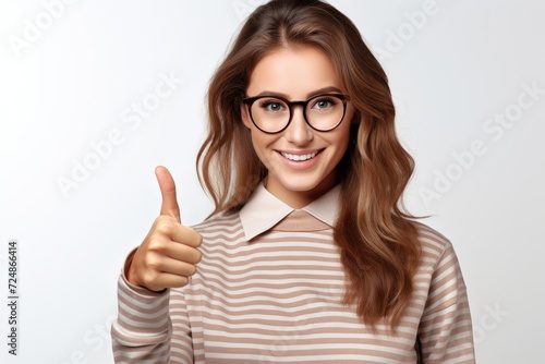 A woman wearing glasses smiles while raising her hand in a thumbs-up gesture.