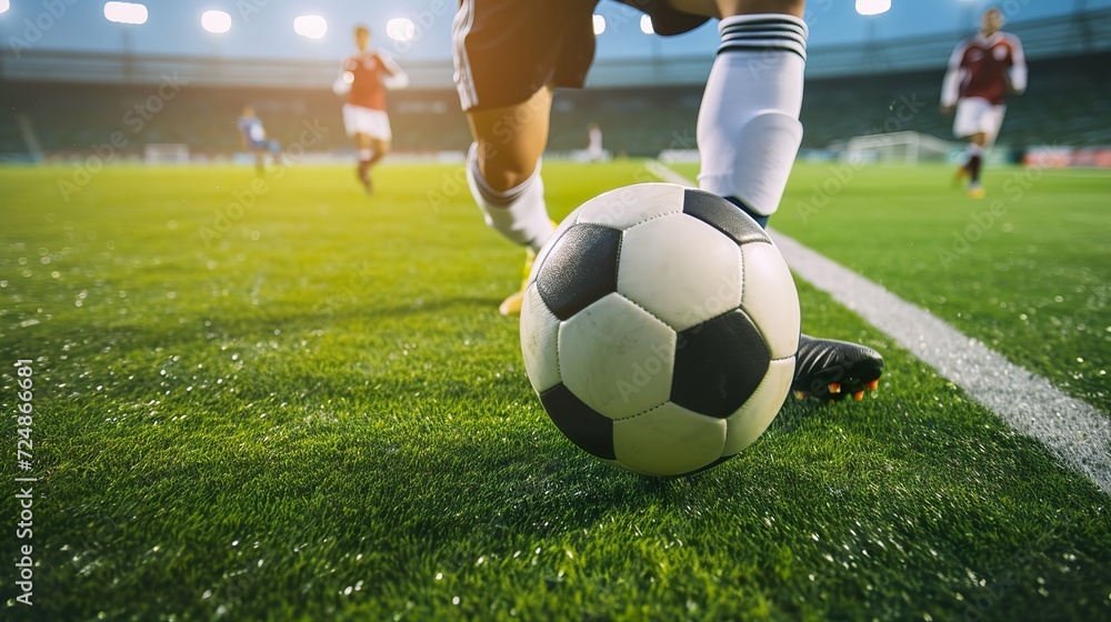 Fototapeta premium Soccer Match Intensity, Player Dribbling on Big Stadium Field