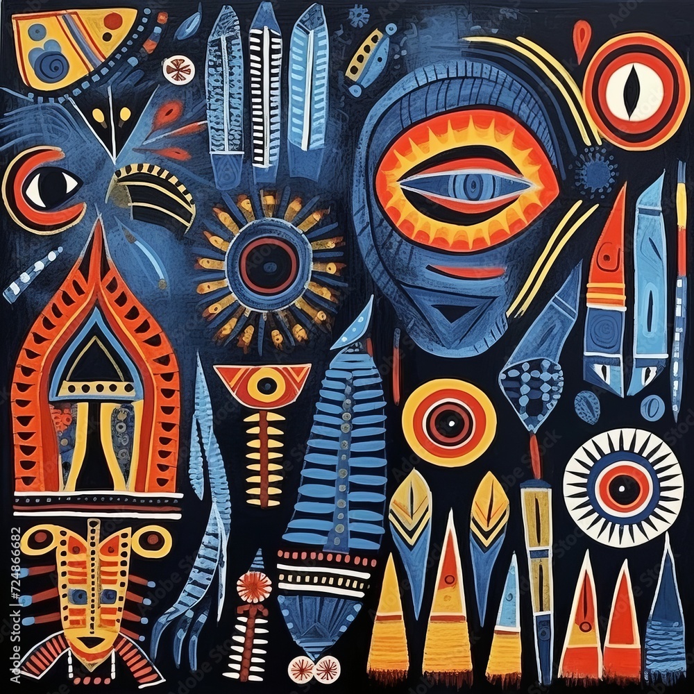 a collage of colorful african masks on a blue background . High quality