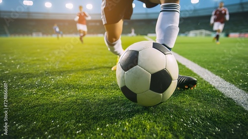 Soccer Match Intensity, Player Dribbling on Big Stadium Field © Jiraphiphat