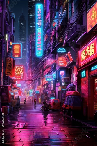 A man is strolling through a futuristic city at night with purple and magenta lights illuminating the buildings. Electric blue display devices flicker in the darkness