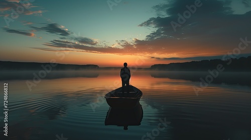 Silhouette of a lonely man standing in a boat in the middle of a lake © ArtBox