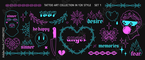 Y2k Glow Tattoo Art set 1 in 1999s 2000s style. Y2k opium style heart, butterfly, chain, flame silhouette, apparel printsdesign Goth Tattoo line art stickers. Printable vector designs