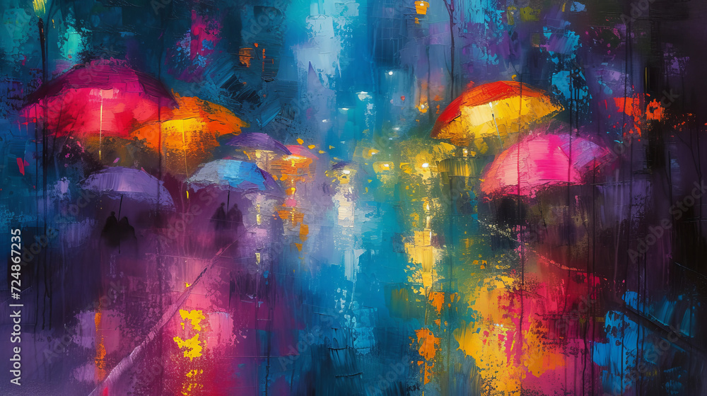 Colorful umbrellas on a vibrant, rainy city street at dusk create an enchanting scene.